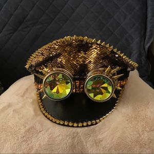 NWT Bedazzled & Sequined Gold Steam Punk Cop Hat.